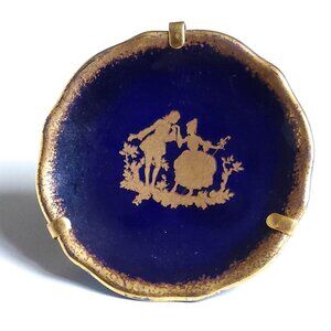 VINTAGE LIMOGES MINIATURE PLATE BUTTER PAT GOLD AND COBALT BLUE